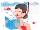 Illustration: A woman wearing a snorkel mask reads a book underwater. Illustration: A woman wearing a snorkel mask reads a book underwater.