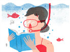 Illustration: A woman wearing a snorkel mask reads a book underwater. Illustration: A woman wearing a snorkel mask reads a book underwater.