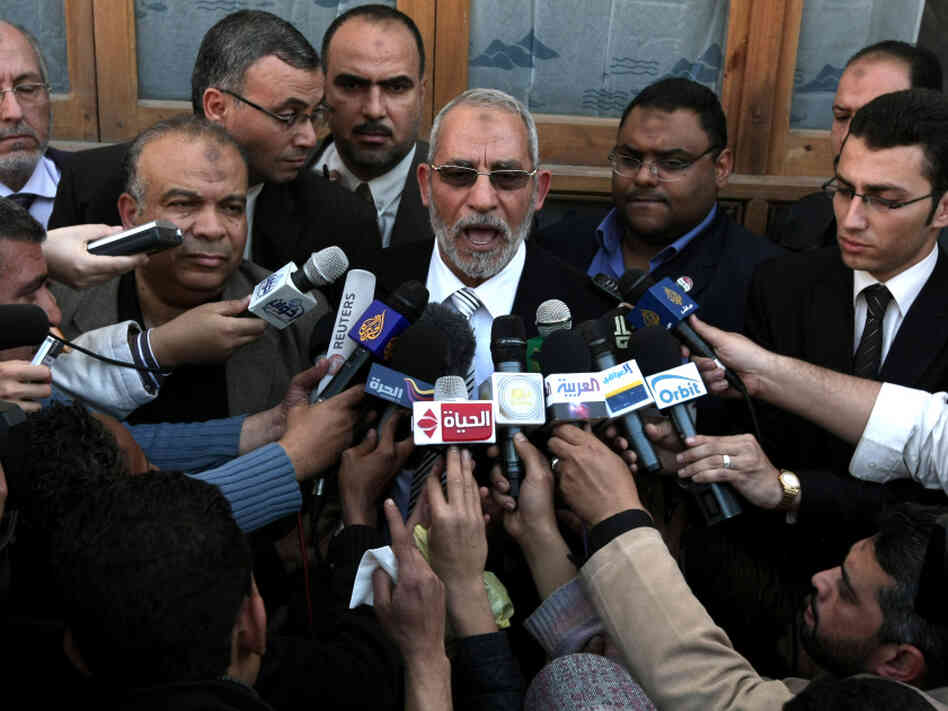 Mohammed Badie, the head of Egypt's Muslim Brotherhood, speaks to the press in Cairo on March 19. Democracy activists argue that the timetable for elections is too rapid and will give the advantage to the Muslim Brotherhood and elements of Mubarak's old party. Mohammed Badie, the head of Egypt's Muslim Brotherhood, speaks to the press in Cairo on March 19. Democracy activists argue that the timetable for elections is too rapid and will give the advantage to the Muslim Brotherhood and elements of Mubarak's old party.