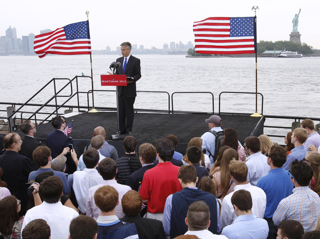 Jon Huntsman, former Utah governor, announces his bid for the 2012 Republican presidential nomination, June 21, 2011, at Liberty State Park in New Jersey.