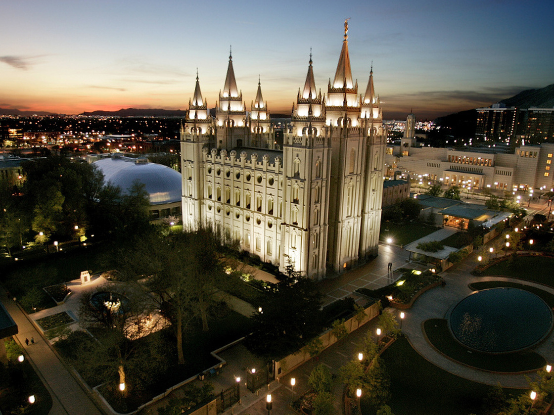 The sun sets behind the Mormon Temple in Salt Lake City, April  2006.