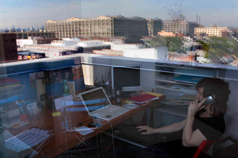 With the skyline reflected in her window, Chase spends a few hours a day at her desk in the ICEhaus, a loft that doubles as both office and rehearsal space in Sunset Park, Brooklyn.