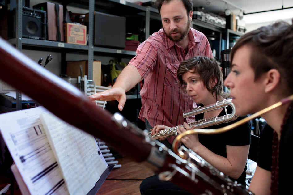 Composer Zack Layton works with Chase and bassoonist Rebekah Heller on a new piece he has written for them.