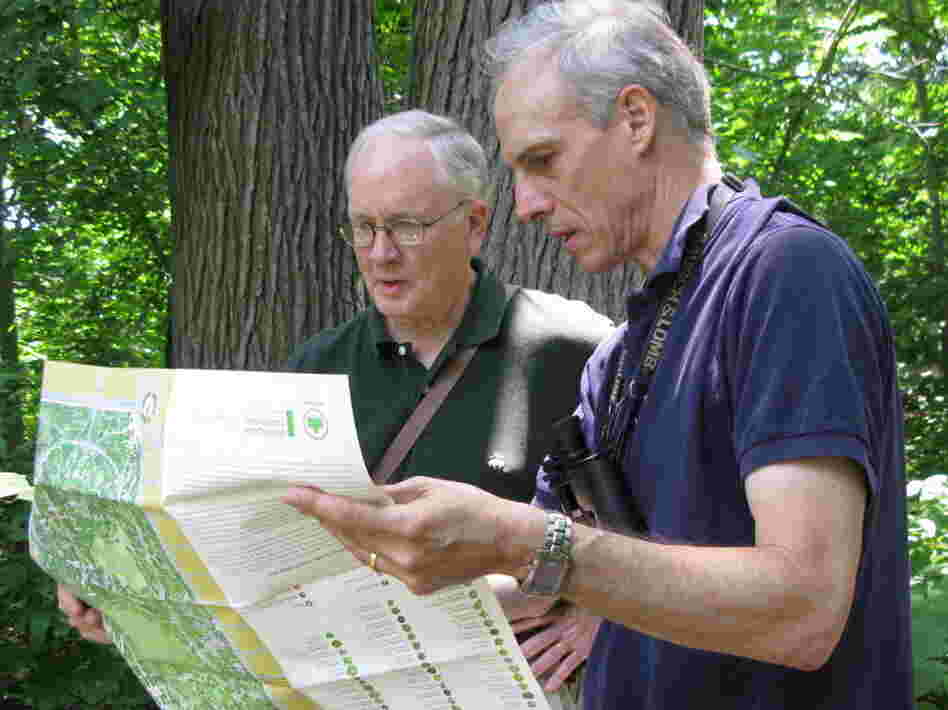 Edward Barnard (left) and Ken Chaya look at their map of Central Park as they stand in its North Woods.