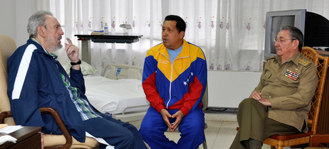 Ailing Venezuelan President Hugo Chavez Frias chatting with Cuban former President Fidel Castro (L) and his brother and current President of Cuba, Raul Castro (R), on June 17, 2011. This photo was released by the Cuban government. Ailing Venezuelan President Hugo Chavez Frias chatting with Cuban former President Fidel Castro (L) and his brother and current President of Cuba, Raul Castro (R), on June 17, 2011. This photo was released by the Cuban government.
