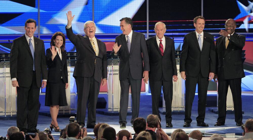 Most of the Republican presidential candidates at a New Hampshire debate last week.
