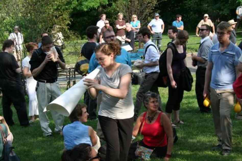 Performers and audience commingled freely in John Luther Adams' 'Inuksuit,' performed in Morningside Park by 99 percussionists.