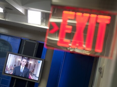 A television monitor in the White House briefing room displays President Obama as he discusses his Afghanistan exit strategy, June 22, 2011. A television monitor in the White House briefing room displays President Obama as he discusses his Afghanistan exit strategy, June 22, 2011.