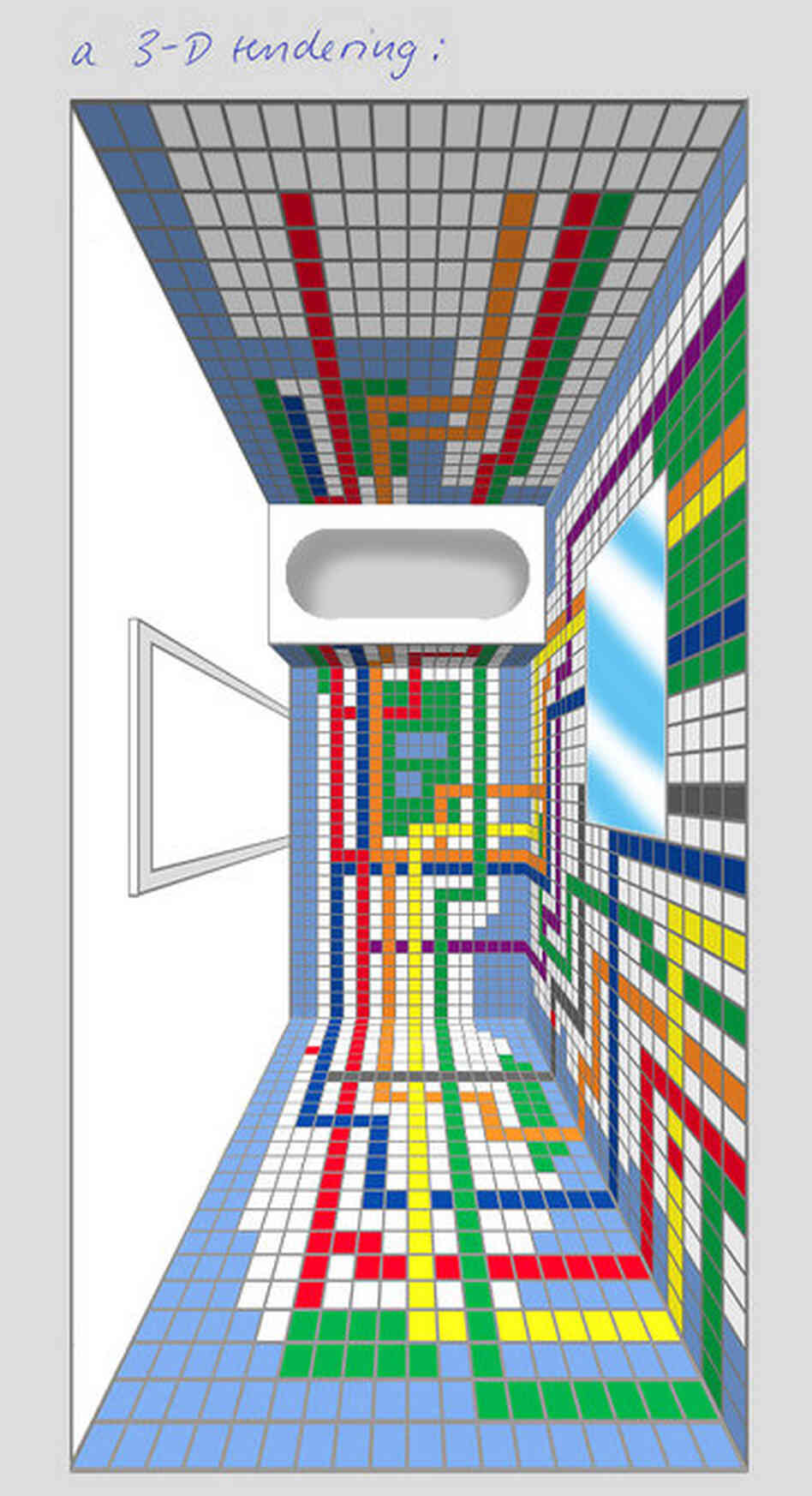 This is a 3-D rendering of what Niemann's bathroom looks like from above.