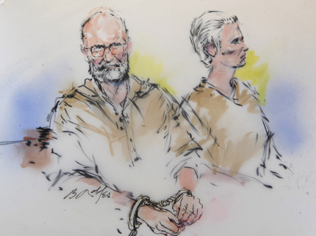 In this courtroom sketch, James "Whitey" Bulger, left, and his girlfriend, Catherine Greig, are shown during their arraignment in Los Angeles.