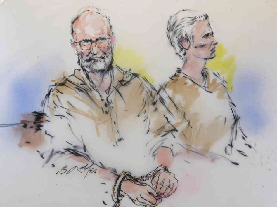 In this courtroom sketch, James "Whitey" Bulger, left, and his girlfriend, Catherine Greig, are shown during their arraignment in Los Angeles.