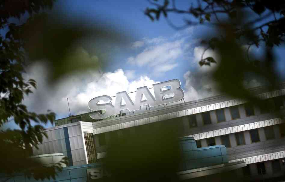 The Saab sign towers over the factory in Trollhattan, Sweden on June 23, 2011.