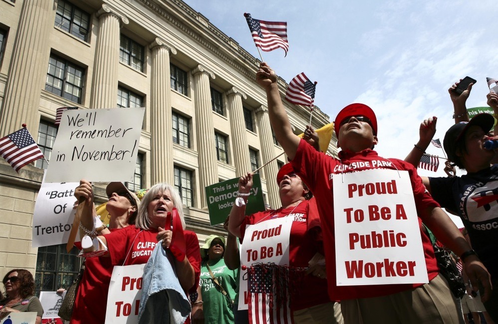 Protesting New Jersey public employee union members and supporters in Trenton, Monday, June, 20, 2011.