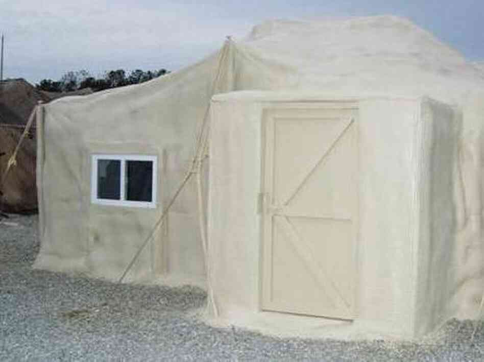 A U.S. military tent after treatment with polyurethane foam. A 2006 test of the foam cut energy use by 92 percent, says retired Brig. Gen. Steven Anderson.