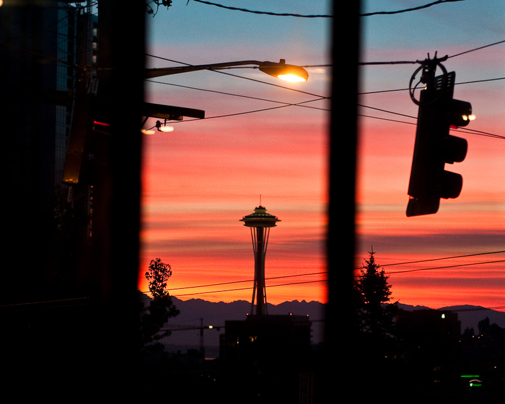 Seattle's skyline, as seen outside the Bauhaus Coffee Shop on Capitol Hill.