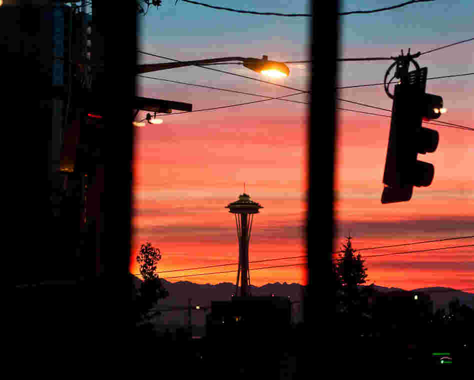 Seattle's skyline, as seen outside the Bauhaus Coffee Shop on Capitol Hill.