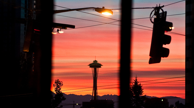 Seattle's skyline, as seen outside the Bauhaus Coffee Shop on Capitol Hill. (Kyle Johnson)