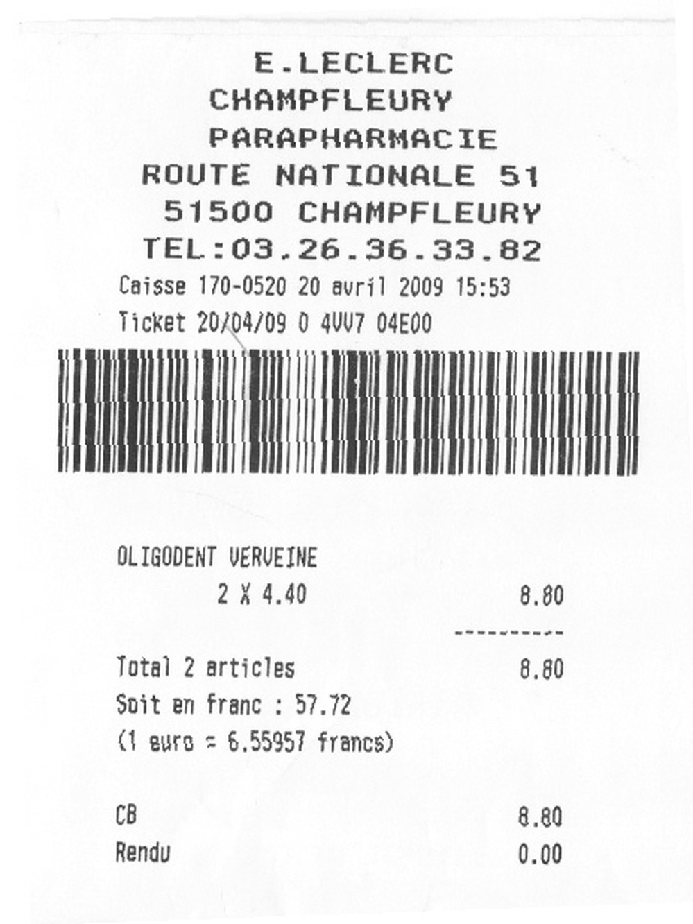 A receipt that shows the conversion between euros and francs.