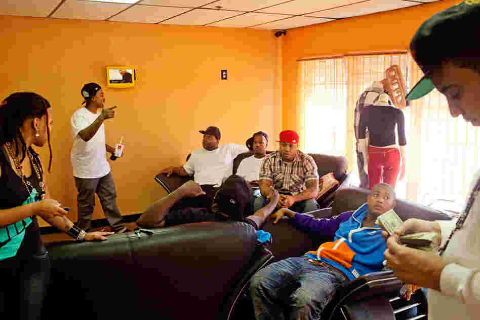Brick Squad members Lissa, Bubba, Quam, Kenny B, South Side and French Montana at Auntie's Attic, a new store owned by Waka Flocka Flame's mother and manager, Debra Antney.