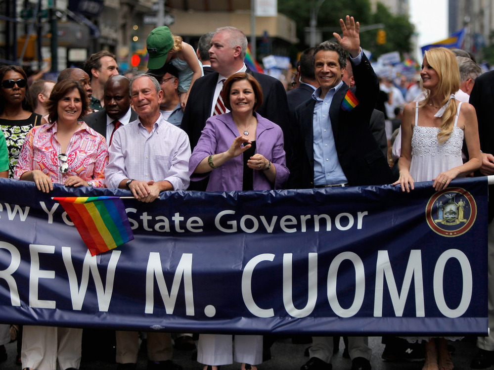 New York City Mayor Michael Bloomberg,  City Council Speaker Christine C. Quinn, New York Gov. Andrew Cuomo and Sandra Lee at the 2011 NYC LGBT Pride March, June 26, 2011.