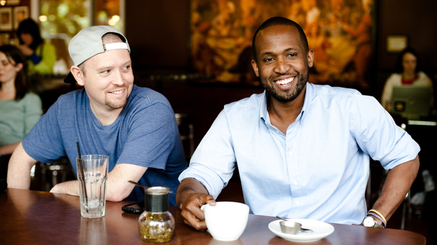 Jake One (left) and Thig Natural of The Physics at Espresso Vivace Alley 24. (Kyle Johnson for NPR)