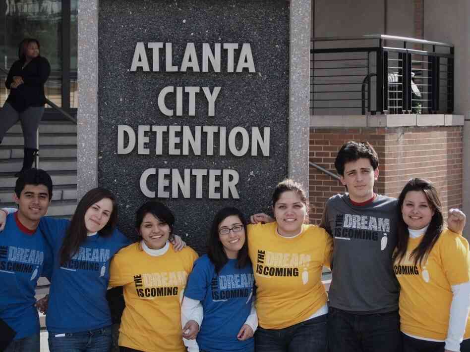 Young DREAMers including Viridiana Martinez (far right) and David Ramirez (second from right) stand outside the Atlanta Detention Center after they were arrested for publicly displaying their illegal status in Atlanta on April 7. Young DREAMers including Viridiana Martinez (far right) and David Ramirez (second from right) stand outside the Atlanta Detention Center after they were arrested for publicly displaying their illegal status in Atlanta on April 7.