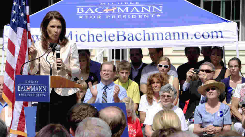 Republican presidential candidate Michele Bachmann talks with supporters during a campaign stop in Raymond, N.H., on Tuesday. Republican presidential candidate Michele Bachmann talks with supporters during a campaign stop in Raymond, N.H., on Tuesday.