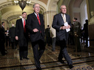 Senate Minority Leader Mitch McConnell (l) with Minority Whip Jon Kyl and Sen. John Barrasso arrives to speak with reporters, June 28, 2011. Senate Minority Leader Mitch McConnell (l) with Minority Whip Jon Kyl and Sen. John Barrasso arrives to speak with reporters, June 28, 2011.