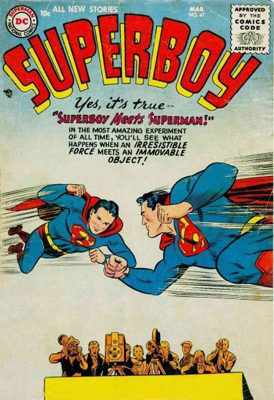 The cover of 1956's Superboy #47 presages a contemporary super-lawsuit between Superman's publisher and the heirs of his co-creator. The cover of 1956's Superboy #47 presages a contemporary super-lawsuit between Superman's publisher and the heirs of his co-creator.