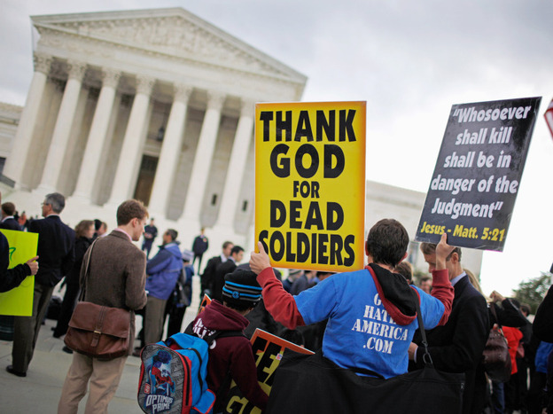 Jacob Phelps of Westboro Baptist Church demonstrates outside the U.S. Supreme Court during Snyder v. Phelps this past October in Washington, D.C.