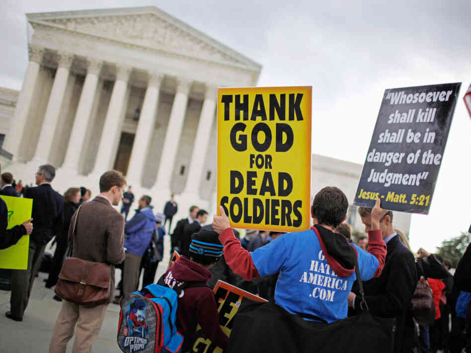 Jacob Phelps of Westboro Baptist Church demonstrates outside the U.S. Supreme Court during Snyder v. Phelps this past October in Washington, D.C.