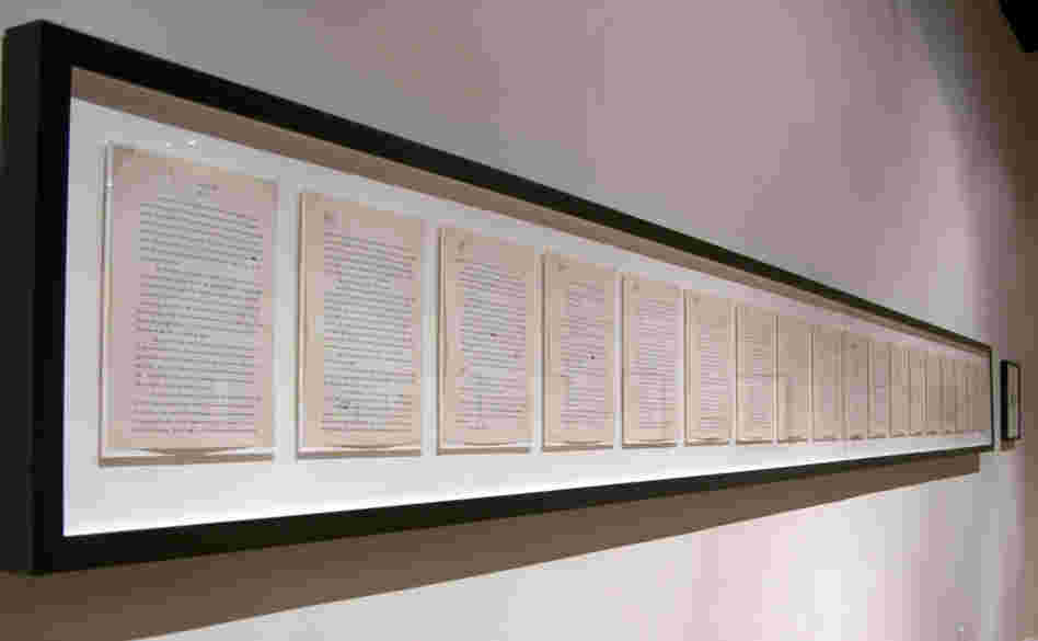 Though most of Mitchell's manuscript was burned after her death, a few chapters survived. The last pages of the book — which Mitchell actually wrote first — are framed on the wall at the Atlanta  History Center. Click here for a closer look.