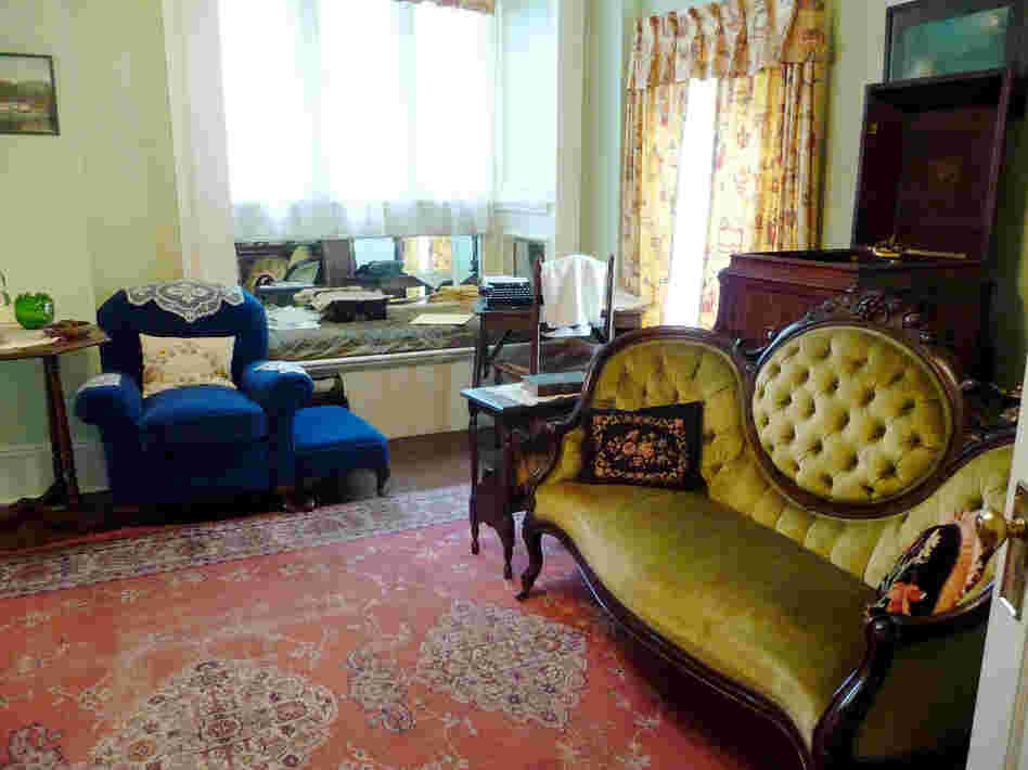 Gone with the Wind was written on a wooden desk, angled in a corner of Mitchell's parlor. A replica of the desk, seen in the far corner of the photo above, is on display at Mitchell's apartment. Click to see the actual desk, which is on display at the Atlanta History Center.