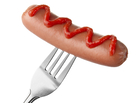 Hot dog on fork with ketchup topping. Hot dog on fork with ketchup topping.