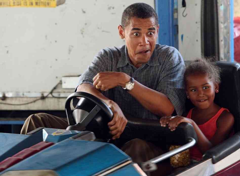 While campaigning for president in 2007, Barack Obama, then a senator from Illinois, drove a bumper car with his daughter Sasha at the Iowa State Fair.