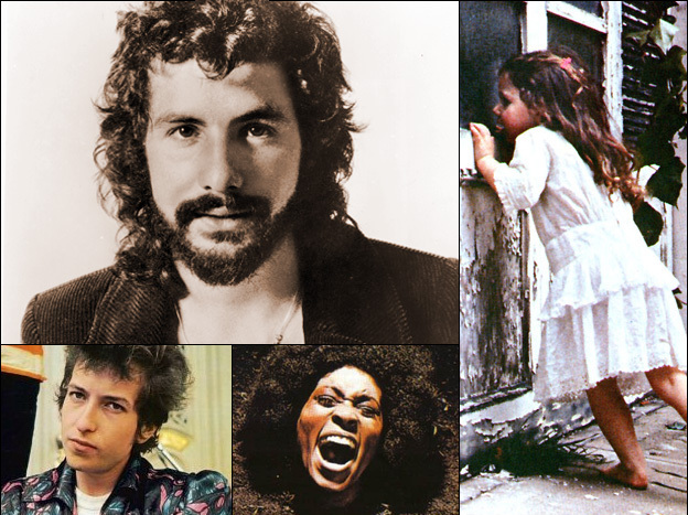 Clockwise from upper left: Cat Stevens, cover for Violent Femmes, cover for Maggot Brain, cover for Bob Dylan's Highway 61 Revisited.