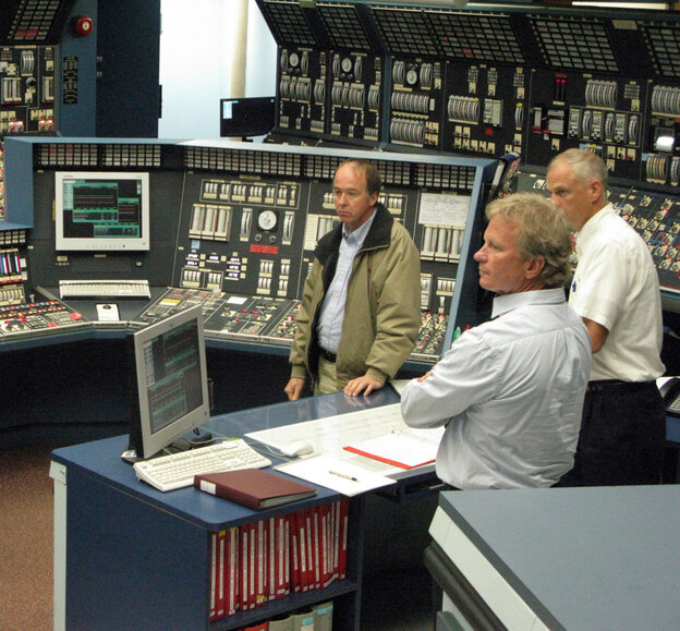 Engineers at the Grand Gulf Nuclear Generating Station in Mississippi practice disaster and emergency situations in a mock-up control room. Every nuclear plant in the U.S. has control room simulators that are nearly exact replicas of the real facilities.