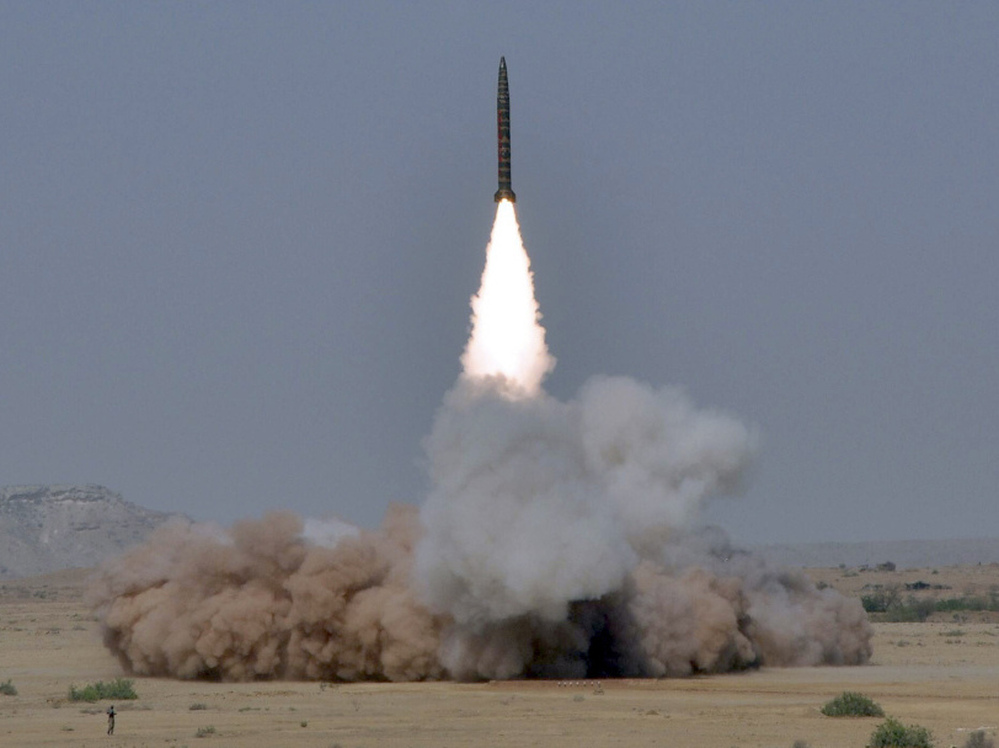 A handout photo from Pakistan's Inter Services Public Relations shows a Ghaznavi ballistic missile being tested on May 8, 2010. Pakistani officials say they hope to double the size of their nuclear arsenal.