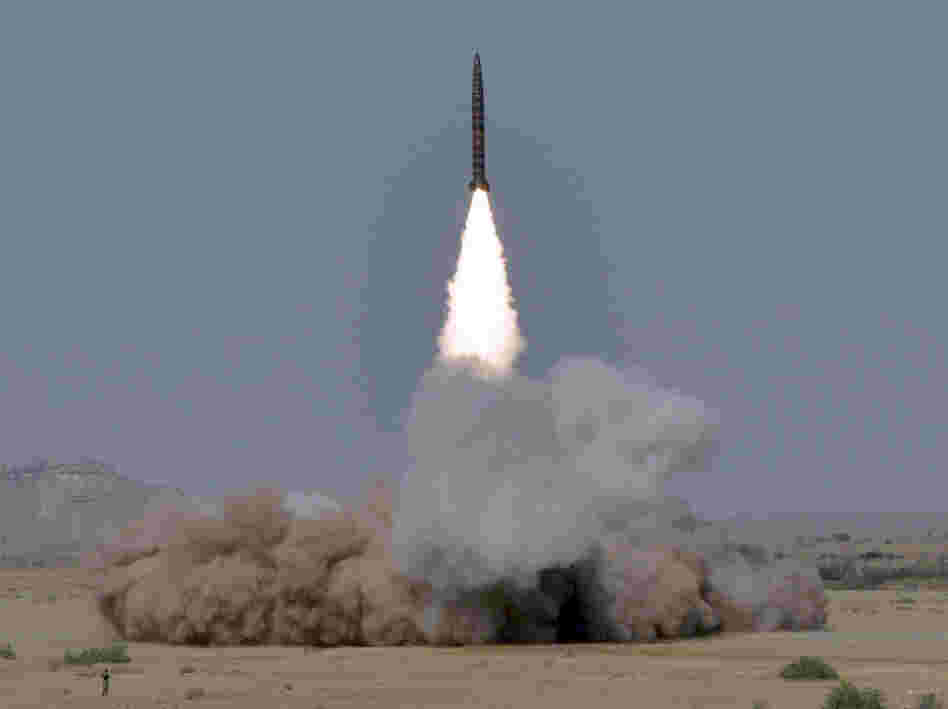 A handout photo from Pakistan's Inter Services Public Relations shows a Ghaznavi ballistic missile being tested on May 8, 2010. Pakistani officials say they hope to double the size of their nuclear arsenal.