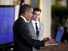 As Twitter co-founder Jack Dorsey looked on, President Obama sent the first presidential tweet at the start of the town hall. As Twitter co-founder Jack Dorsey looked on, President Obama sent the first presidential tweet at the start of the town hall.
