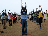 A handout picture released by the United Nations Mission in Sudan shows South Sudanese children rehearsing their dance routine to be performed at half time during a football match as part of independence day celebrations in Juba on Thursday, two days before South Sudan secedes from the north and becomes the world's newest nation.