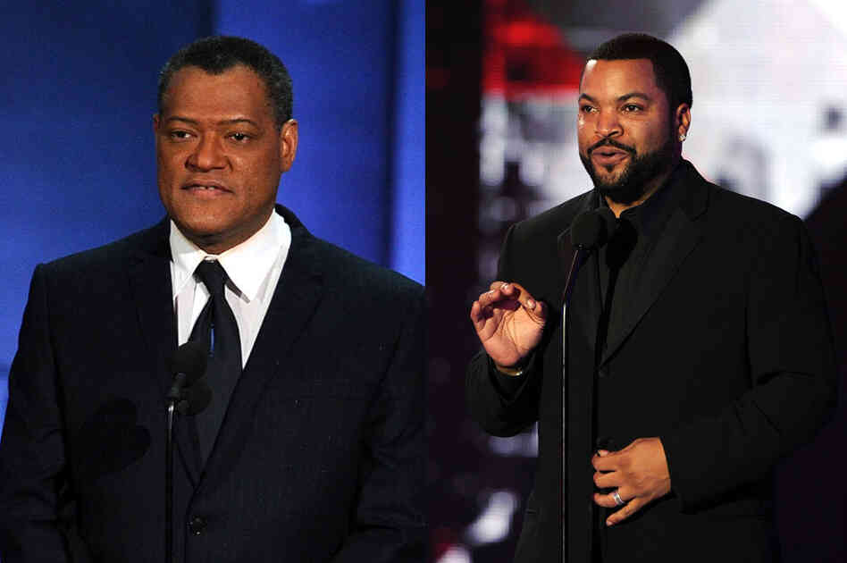 Fishburne (left) at the Emmy awards in 2010. At right, Ice Cube appears onstage at the Critics' Choice Movie Awards in January. Credits: Kevin Winter/Getty Images (both photos)