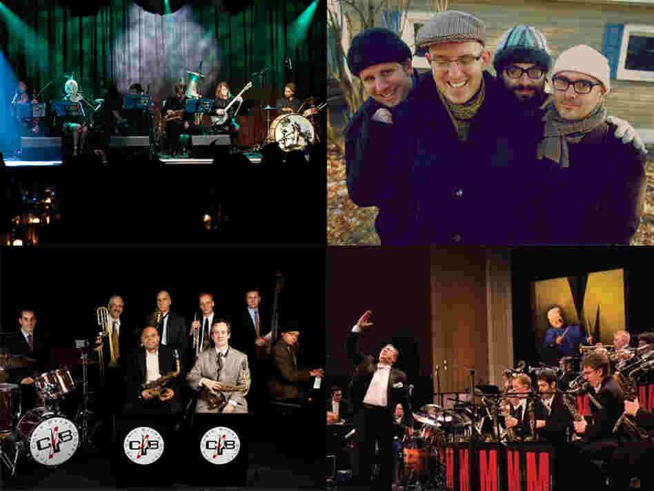 Clockwise from top left: Brian Carpenter's Ghost Train Orchestra, KLANG, Bobby Sanabria and the Manhattan School of Music Afro-Cuban Jazz Orchestra, Chris Byars Octet. Clockwise from top left: Brian Carpenter's Ghost Train Orchestra, KLANG, Bobby Sanabria and the Manhattan School of Music Afro-Cuban Jazz Orchestra, Chris Byars Octet.