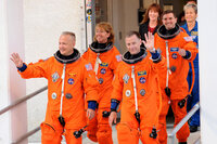 The crew of the final shuttle mission includes: Commander Chris Ferguson (right, front), pilot Doug Hurley (left, front), followed by Mission Specialists Sandy Magnus (left, rear) and Rex Walheim (right, rear).
