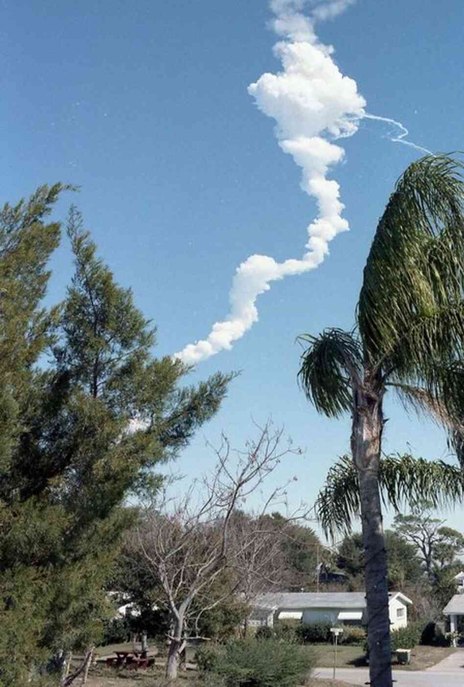 STS-51L, Challenger, Jan., 1986: "I had recently moved to Florida and had seen only a few launches, and I thought the sub-freezing weather was simply making the vapor trail more spectacular than in previous launches. (Also, I knew that it was typical for part of the rocket to split away, which is what I thought I was seeing.)I was in my driveway underneath the car and had forgotten to ta...