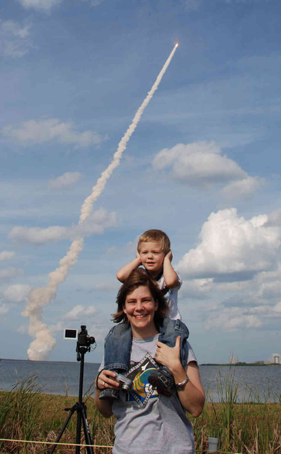 STS-122, Atlantis, Feb., 2008:After a 20-hour drive from Houston to the Kennedy Space Center we were rewarded with an unforgettable experience. When Atlantis took off my wife put our son on her shoulders so that he could see better. I was snapping pictures without looking through the viewfinder as I didn't want to experience this event solely through the viewfinder. We were all fascinate...