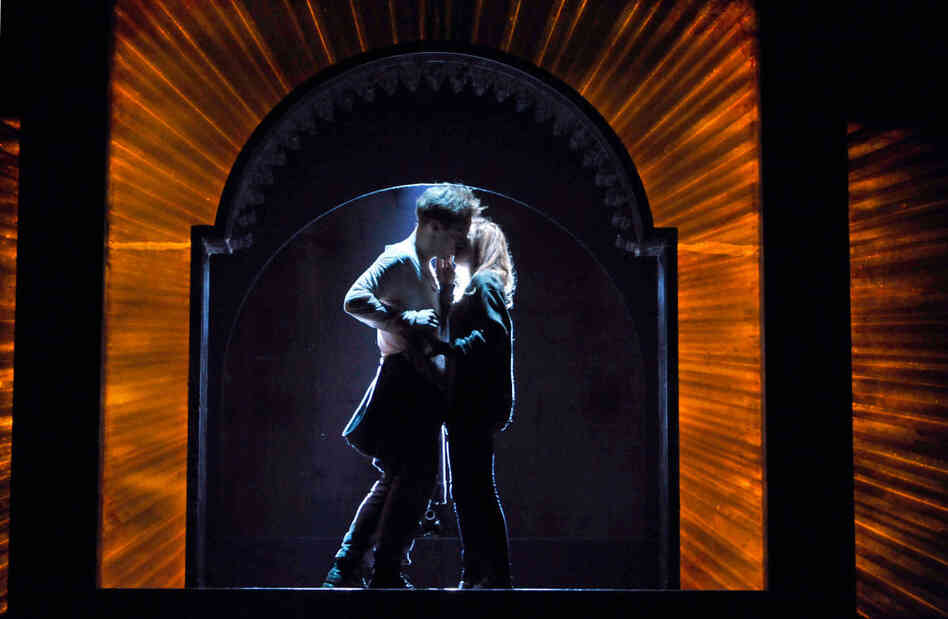Sam Troughton (left) and Mariah Gale perform as the title characters in a scene from the Royal Shakespeare Company's production of Romeo and Juliet in New York City.