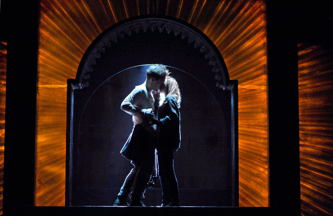 Sam Troughton (left) and Mariah Gale perform as the title characters in a scene from the Royal Shakespeare Company's production of Romeo and Juliet in New York City.
