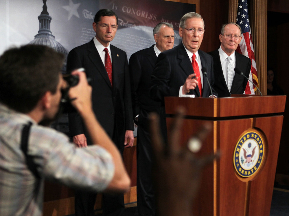 Senate Minority Leader Sen. Mitch McConnell and other GOP Senate leaders speak to journalists on Tuesday.