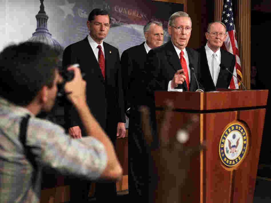 Senate Minority Leader Sen. Mitch McConnell and other GOP Senate leaders speak to journalists on Tuesday.